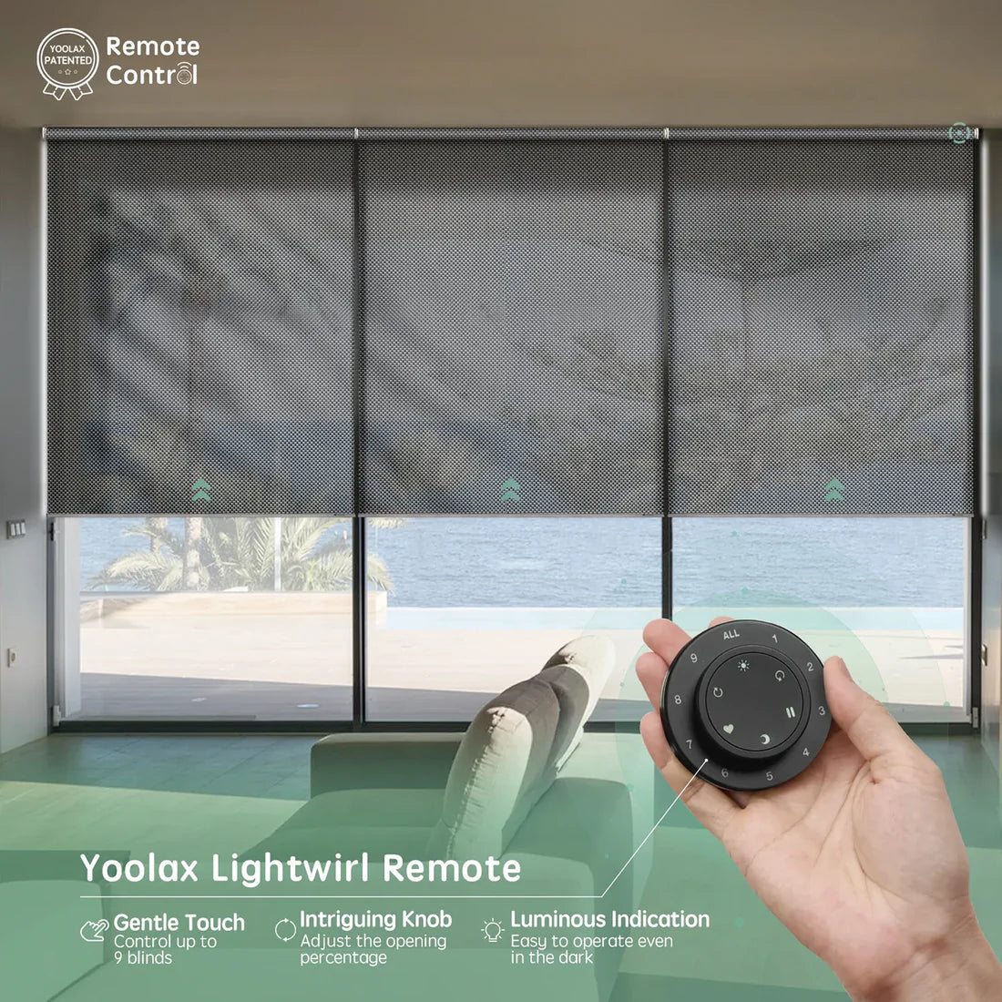 Greyish black motorised light filtering linked roller blinds with linen beige fabric, shown with Yoolax Lightwirl remote for synchronized control across wide windows