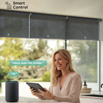 Smart voice control for greyish blackmotorised linked roller blinds, compatible with Alexa for hands-free daily use