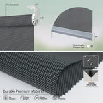 Detail view of greyish black motorised linked roller blinds showing no-cassette design, fabric-wrapped rod, and durable light-filtering fabric with UV protection