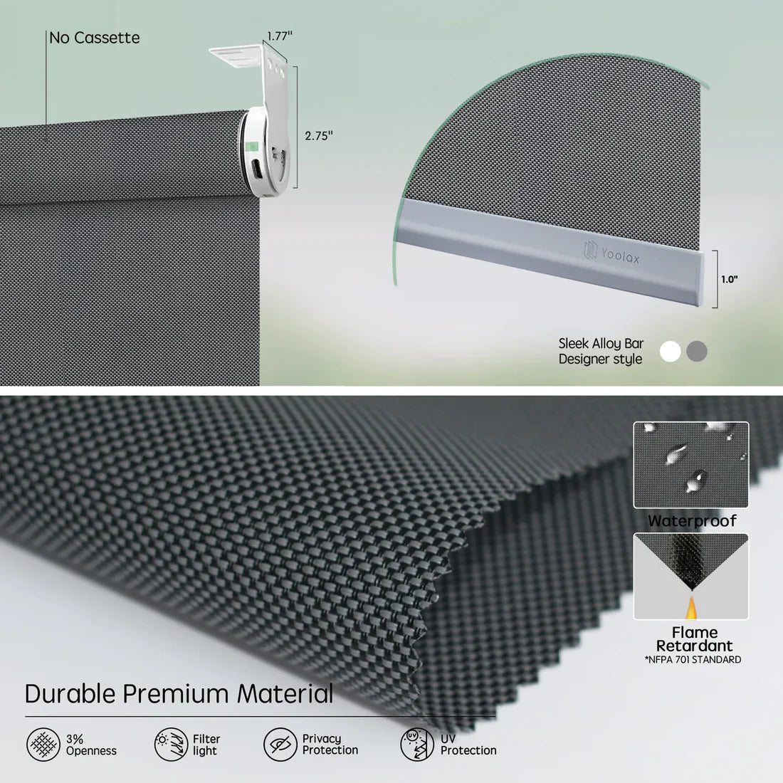 Detail view of greyish black motorised linked roller blinds showing no-cassette design, fabric-wrapped rod, and durable light-filtering fabric with UV protection