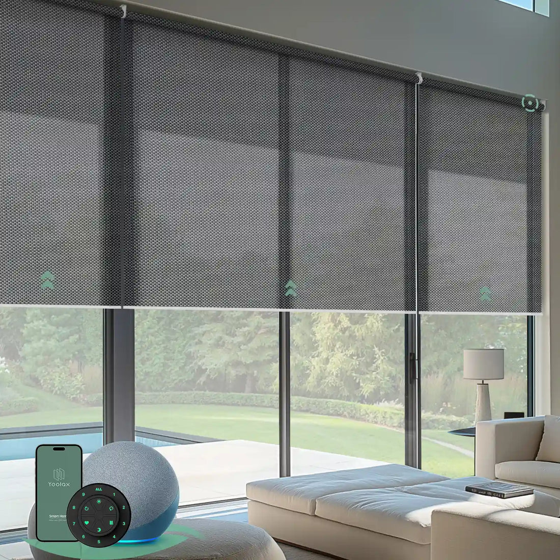 Motorised linked roller blinds featuring 3% openness sunscreen fabric in greyish black for large windows