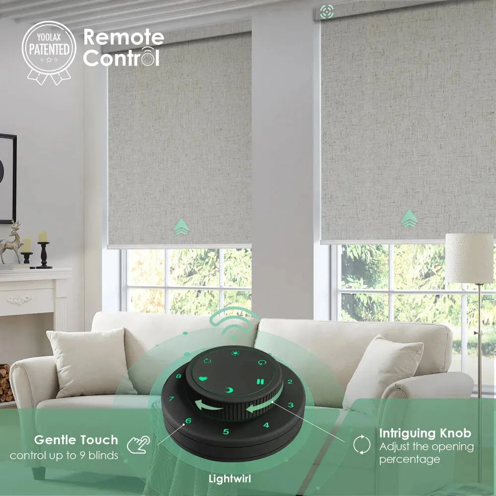 Motorised blockout roller blinds controlled by a wireless remote dial, showing precise opening adjustment, gentle touch control for multiple blinds, and a cordless smart design in a modern living room.