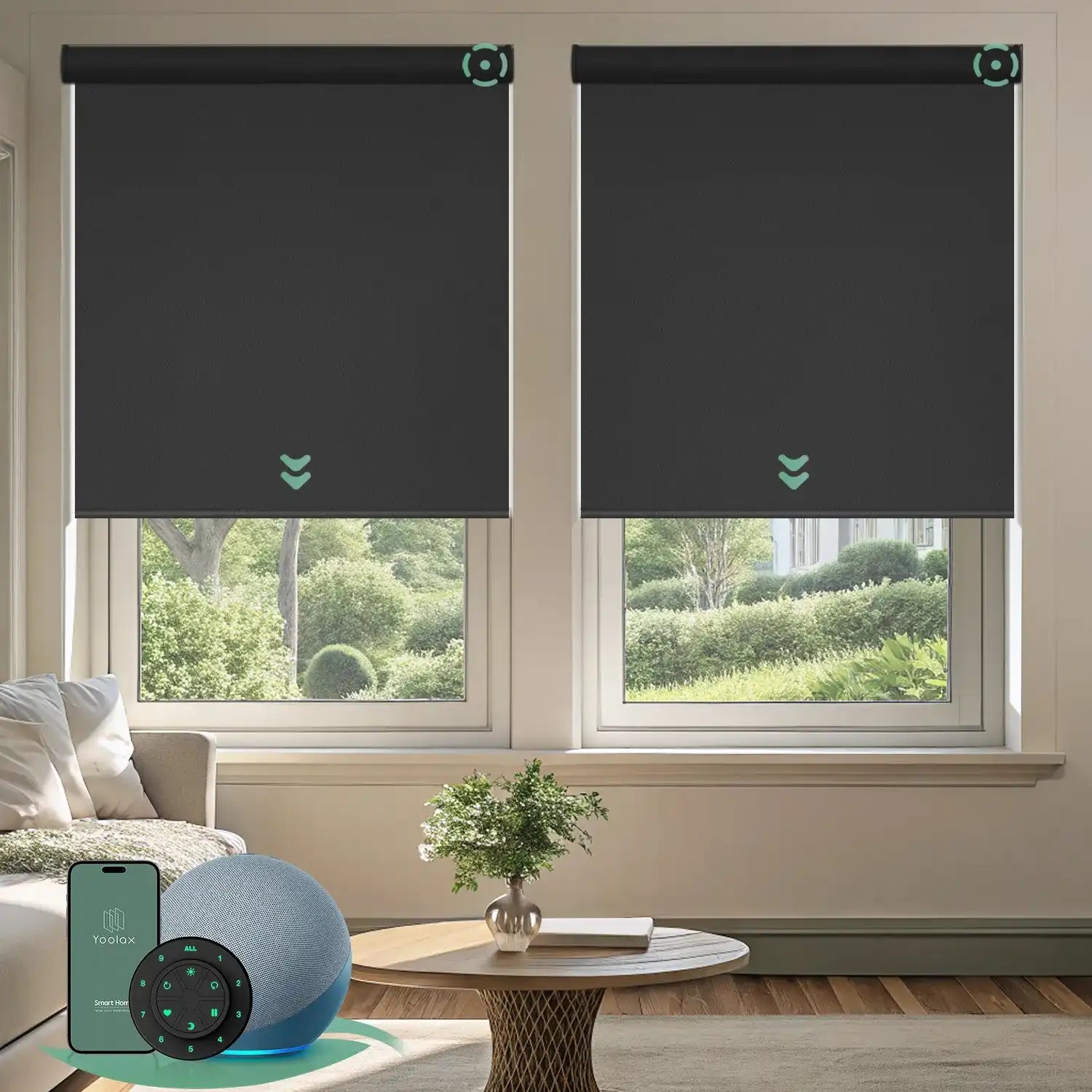 Dark grey motorised vinyl blockout roller blinds installed in a living room, offering full blackout, privacy, and quiet smart control