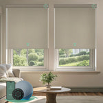 Light coffee motorised vinyl blockout roller blinds installed in a living room, offering full blackout, privacy, and quiet smart control