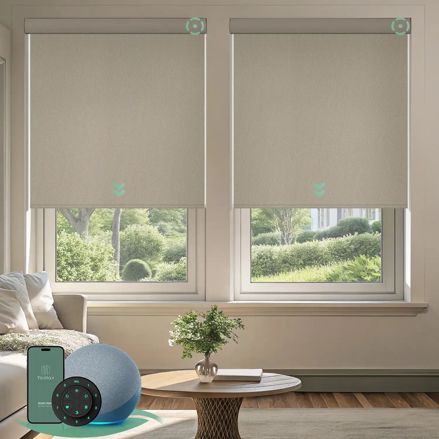 Light coffee motorised vinyl blockout roller blinds installed in a living room, offering full blackout, privacy, and quiet smart control