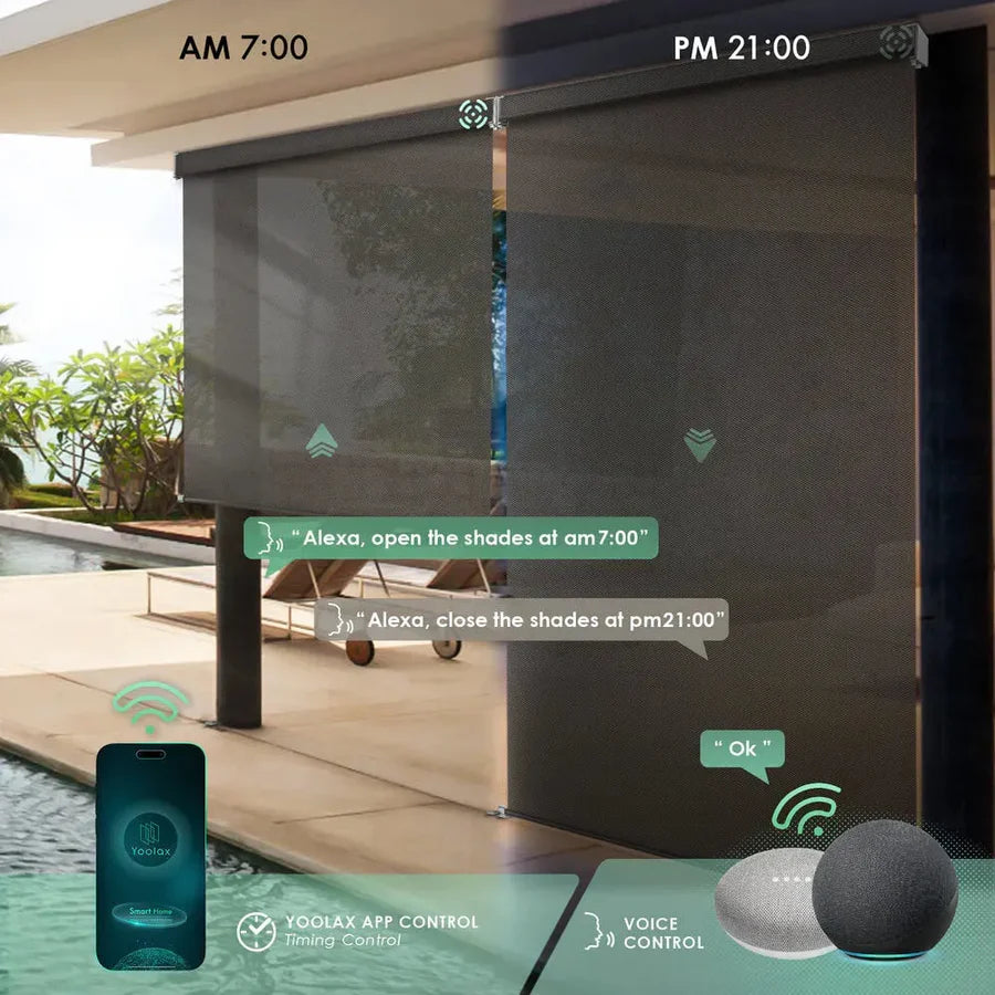 3% openness alpine rock color motorised outdoor blinds with app and voice control, scheduled to open at 7 AM and close at 9 PM