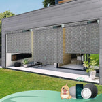 3% openness geometric black motorised outdoor blinds in an exterior patio, offering shade and UV protection.