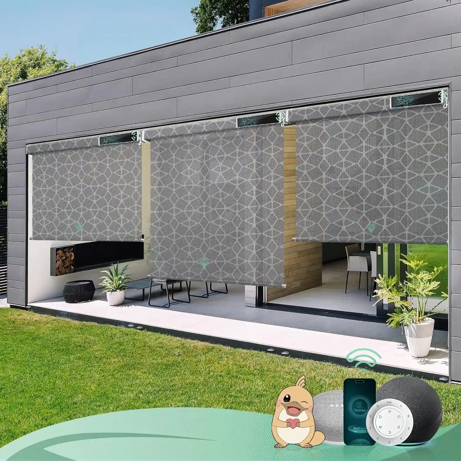3% openness geometric black motorised outdoor blinds in an exterior patio, offering shade and UV protection.