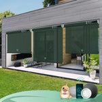 3% openness jade green motorised outdoor blinds in an exterior patio, offering shade and UV protection.