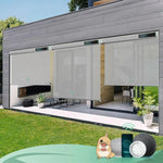 3% openness paine grey motorised outdoor blinds in an exterior patio, offering shade and UV protection.