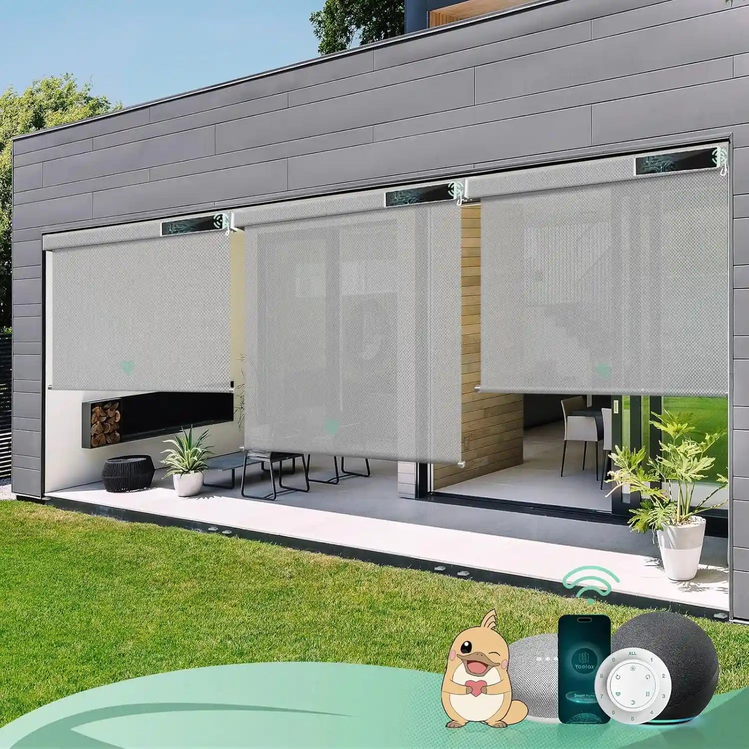 3% openness paine grey motorised outdoor blinds in an exterior patio, offering shade and UV protection.