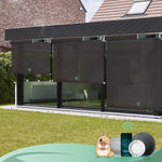 3% openness rich chocolate lover color  motorised outdoor blinds in an exterior patio, offering shade and UV protection.