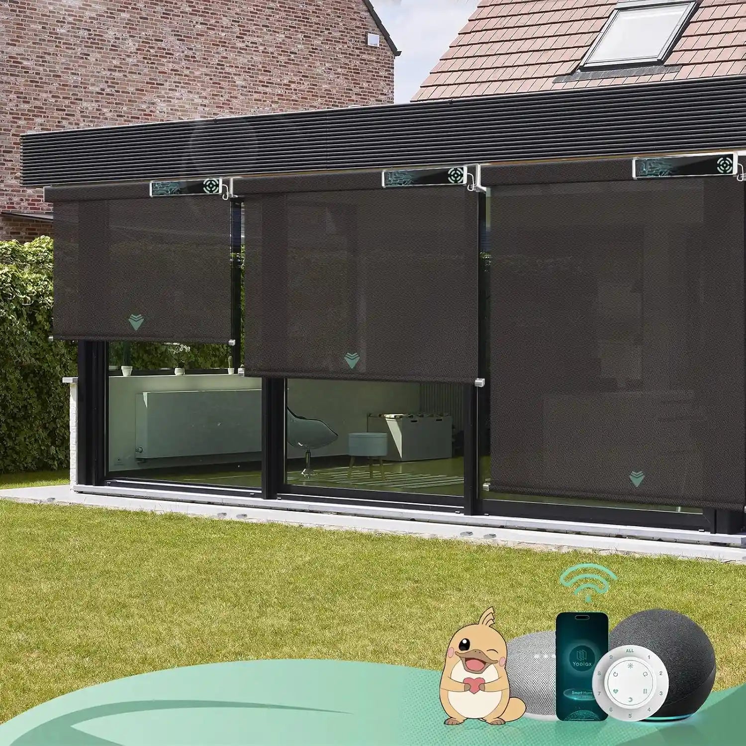 3% openness rich chocolate lover color  motorised outdoor blinds in an exterior patio, offering shade and UV protection.