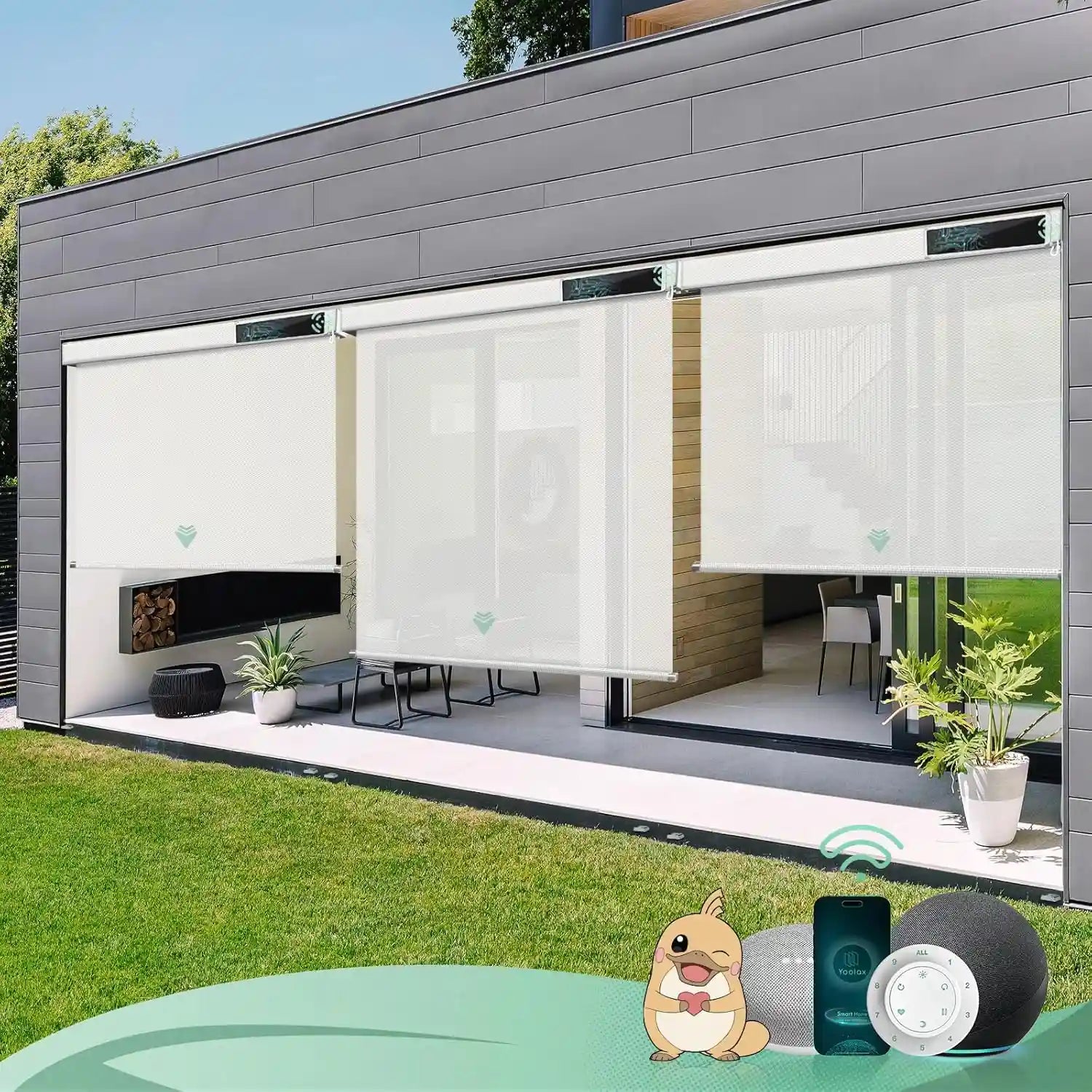 3% openness white motorised outdoor blinds in an exterior patio, offering shade and UV protection.