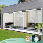 5% openness white pebble path color motorised outdoor blinds in an exterior patio, offering shade and UV protection.