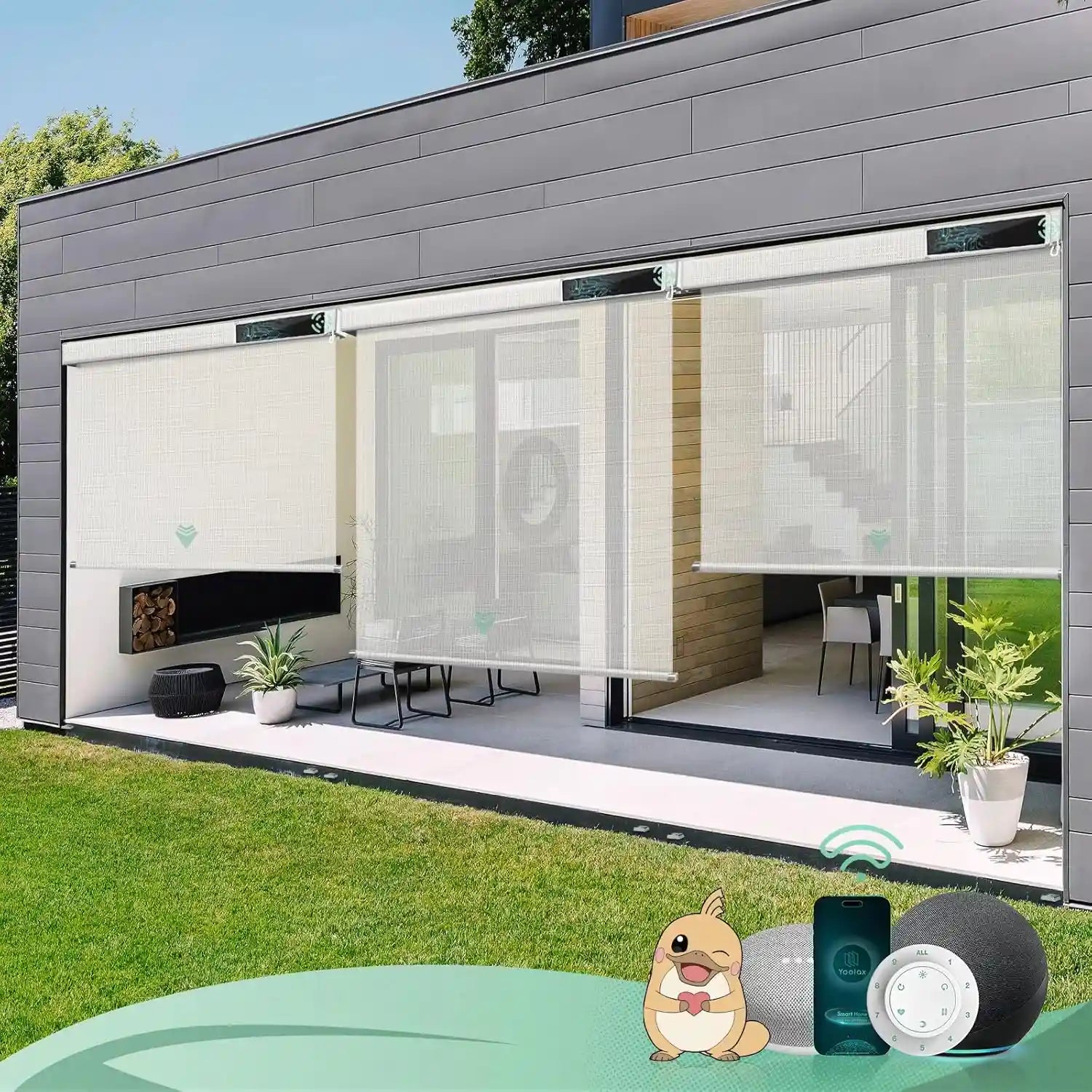 5% openness white pebble path color motorised outdoor blinds in an exterior patio, offering shade and UV protection.