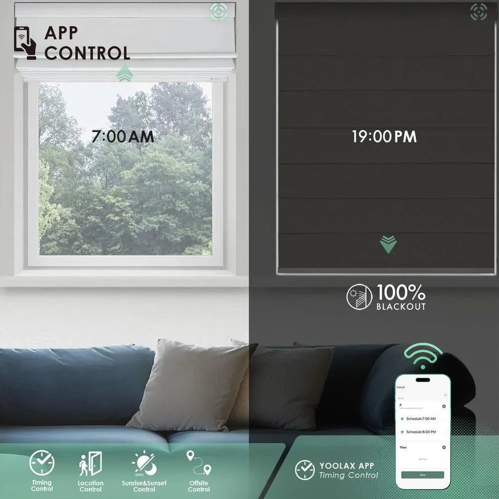 Motorised blockout roman blinds with app control, showing scheduled open at 7:00 AM and full 100% blackout at 7:00 PM, ideal for bedrooms and smart home automation.