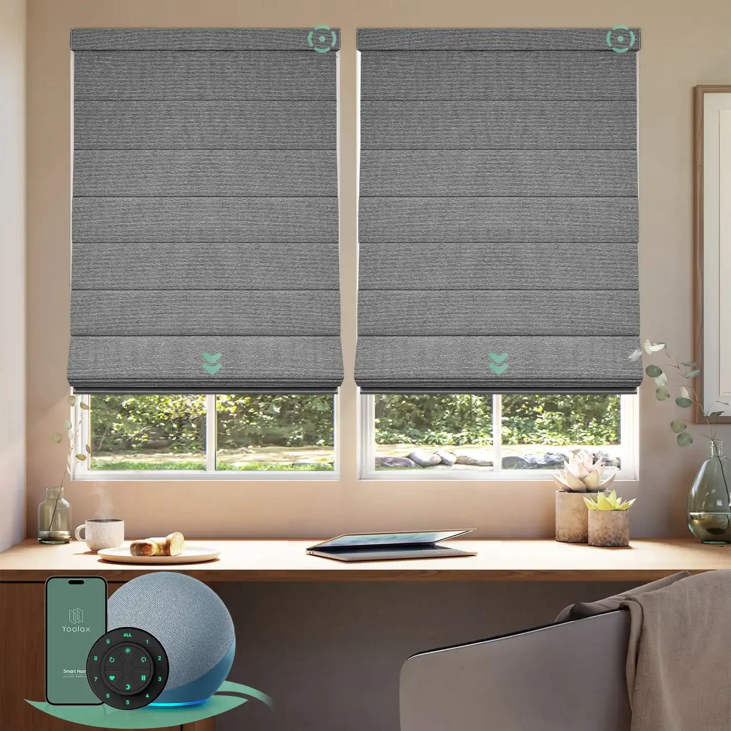 Motorised blockout roman blinds in basalt stripe fabric, providing full light blocking and privacy, ideal for bedrooms and smart home control.