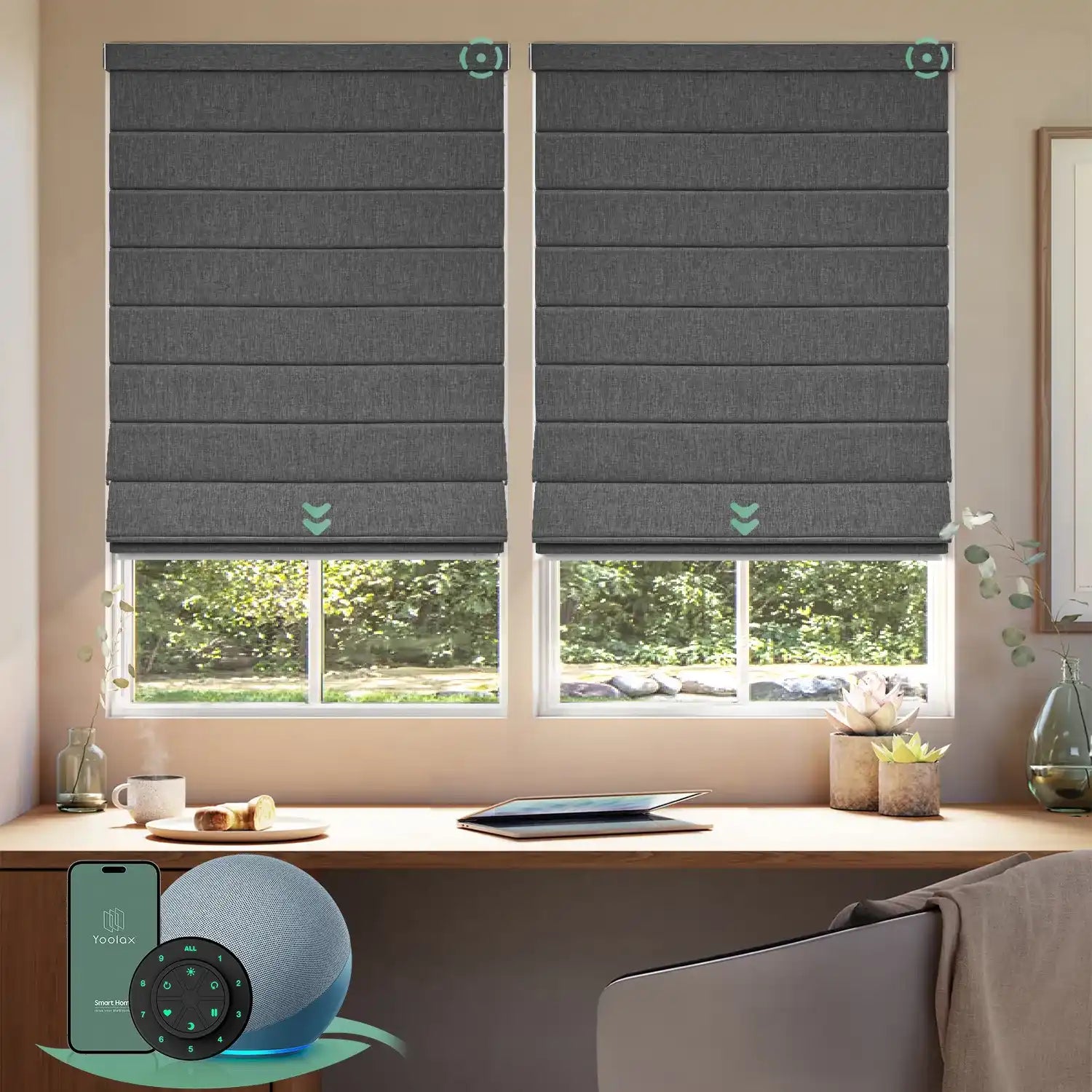 Motorised blockout roman blinds in dark grey fabric, providing full light blocking and privacy, ideal for bedrooms and smart home control.