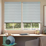 Motorised blockout roman blinds in foggy thread fabric, providing full light blocking and privacy, ideal for bedrooms and smart home control.