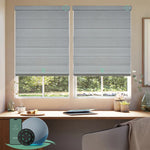 Motorised blockout roman blinds in foggy white fabric, providing full light blocking and privacy, ideal for bedrooms and smart home control.