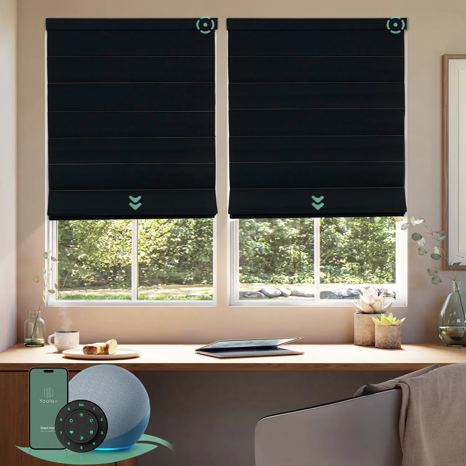 Motorised blockout roman blinds in midnight stripe fabric, providing full light blocking and privacy, ideal for bedrooms and smart home control.