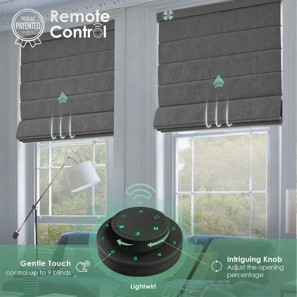Motorised blockout roman blinds in dark grey with remote control, showing smooth lift operation and precise opening adjustment for smart home use.
