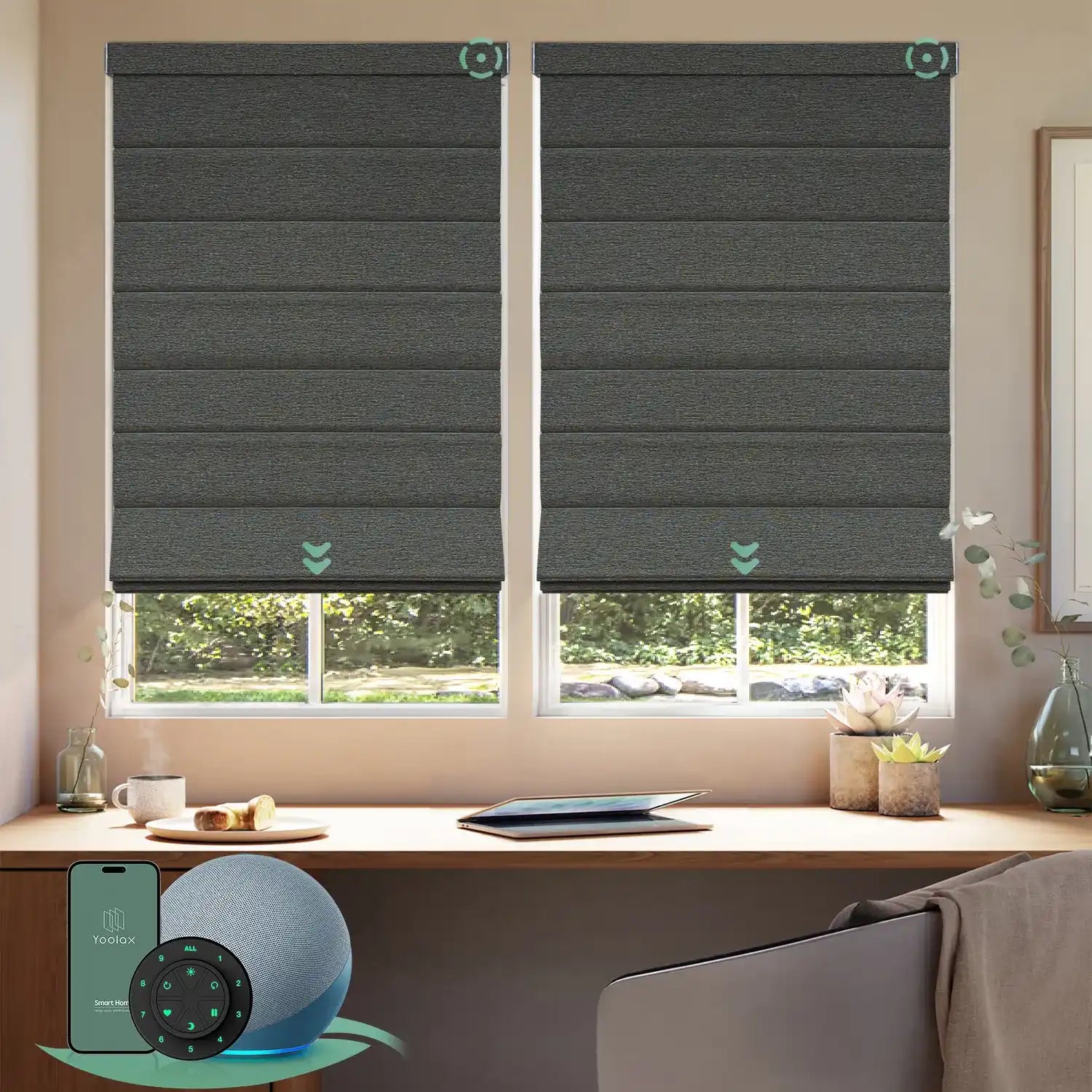 Motorised blockout roman blinds in rock stripe fabric, providing full light blocking and privacy, ideal for bedrooms and smart home control.