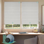 Motorised blockout roman blinds in texture white fabric, providing full light blocking and privacy, ideal for bedrooms and smart home control.