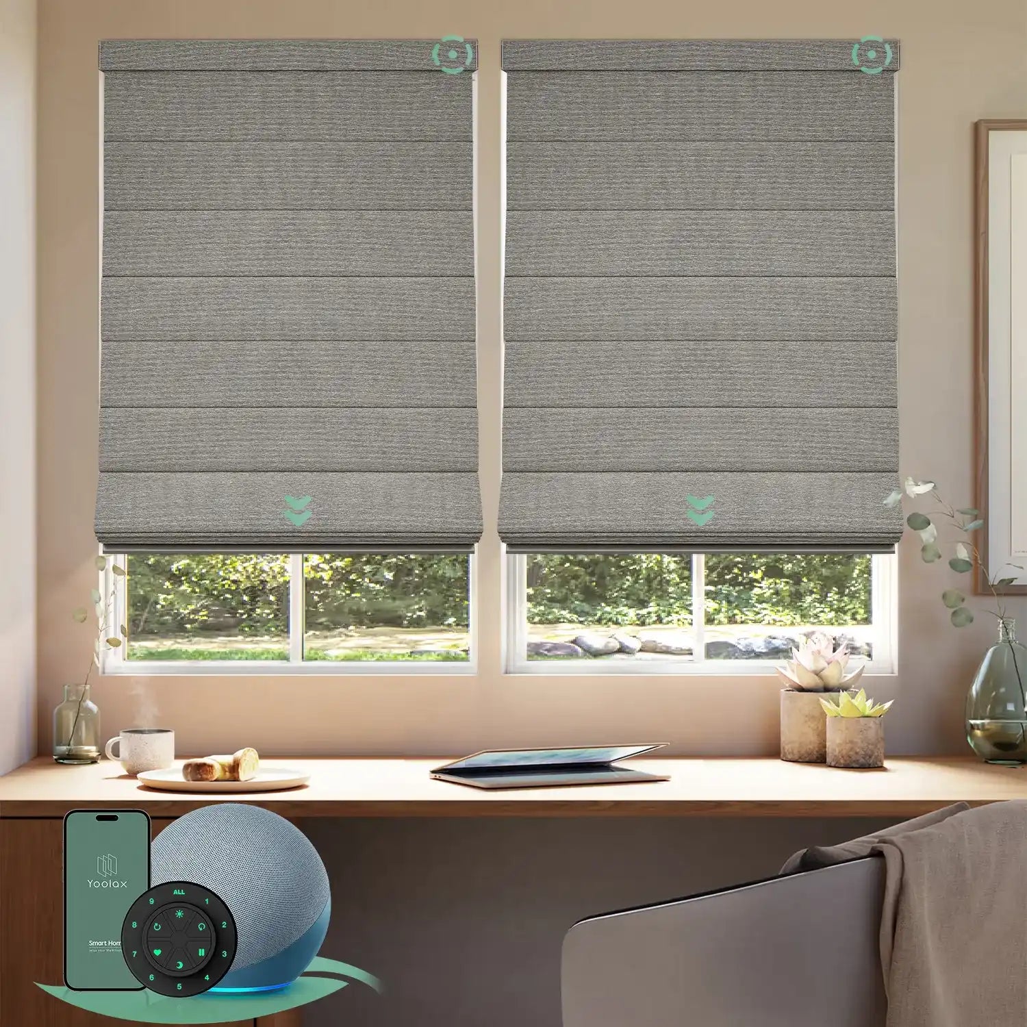 Motorised blockout roman blinds in wood stripe fabric, providing full light blocking and privacy, ideal for bedrooms and smart home control.