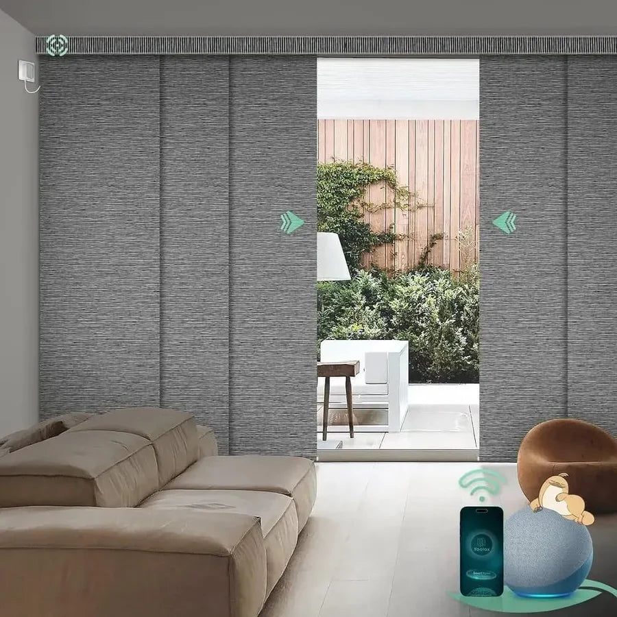 Basalt stripe color panel glide blinds are used as a partition between the living room and the yard