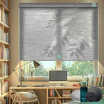 Foggy grey motorised light filter roller blinds in the dining room, offering light filtering.