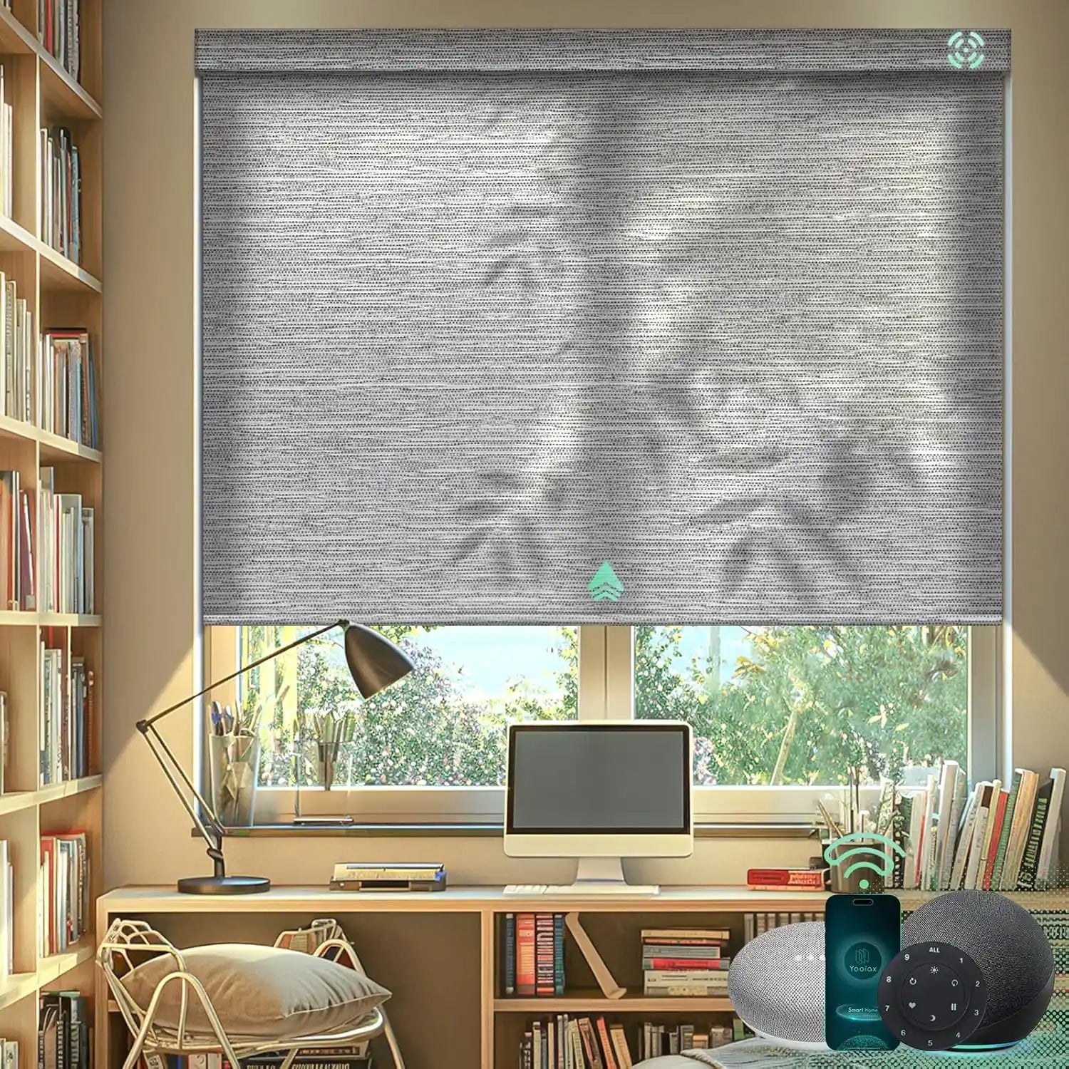 Foggy grey motorised light filter roller blinds in the dining room, offering light filtering.