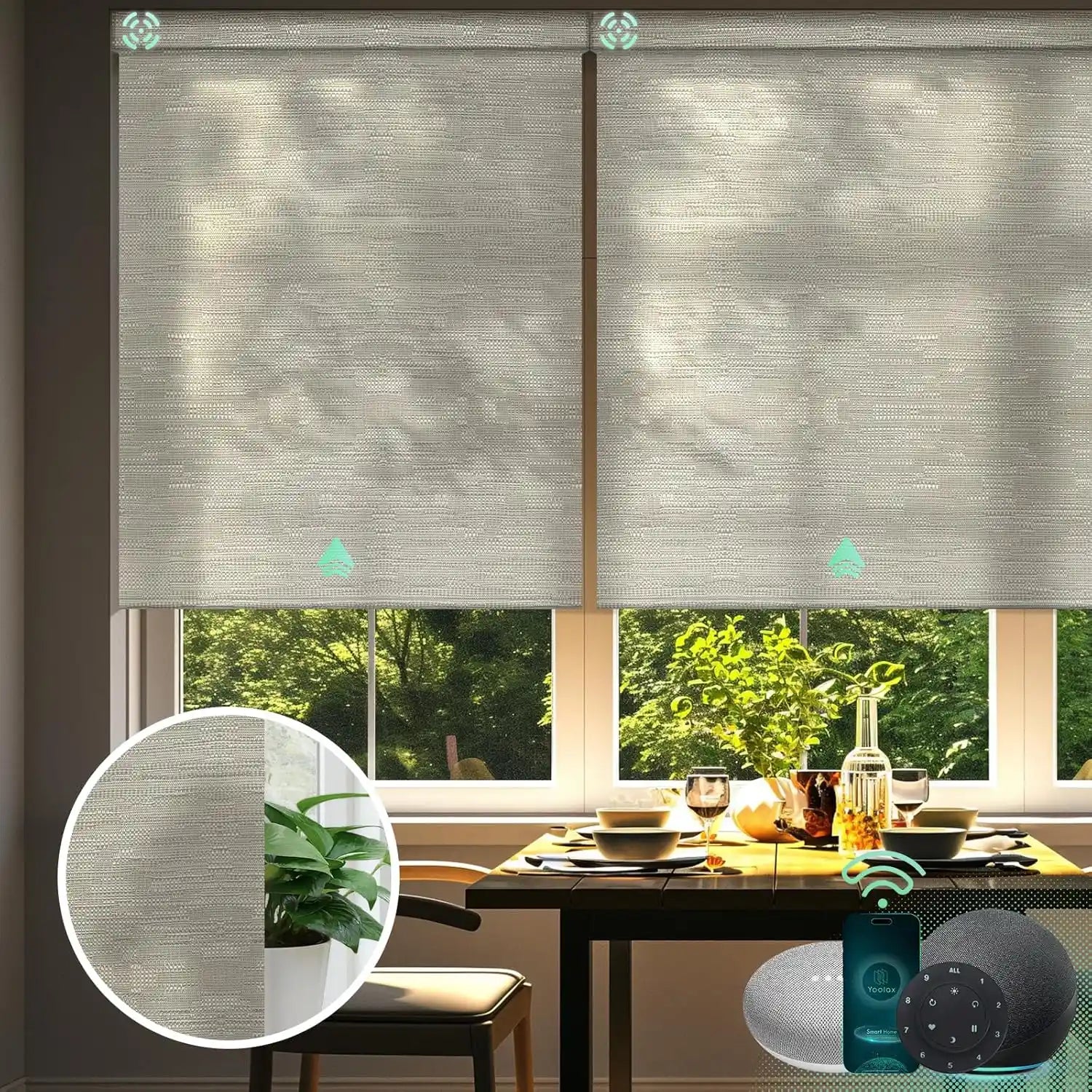 Jacquard coffee motorised light filter roller blinds in the dining room, offering light filtering.