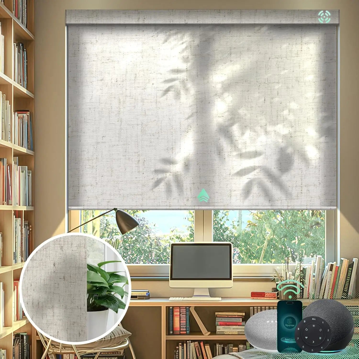 Linen beige motorised light filter roller blinds in the dining room, offering light filtering.
