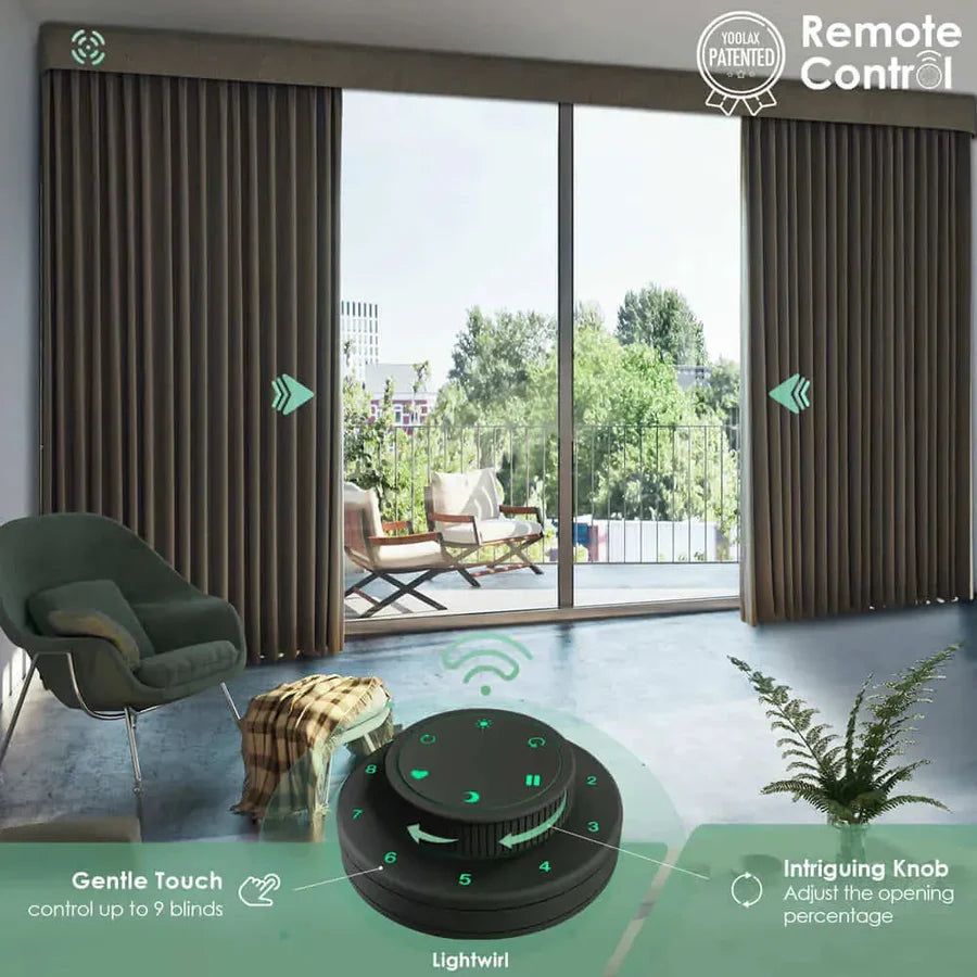 Remote control operating delicate tranquil greige color light filter curtains, hardwired for convenience and light control.