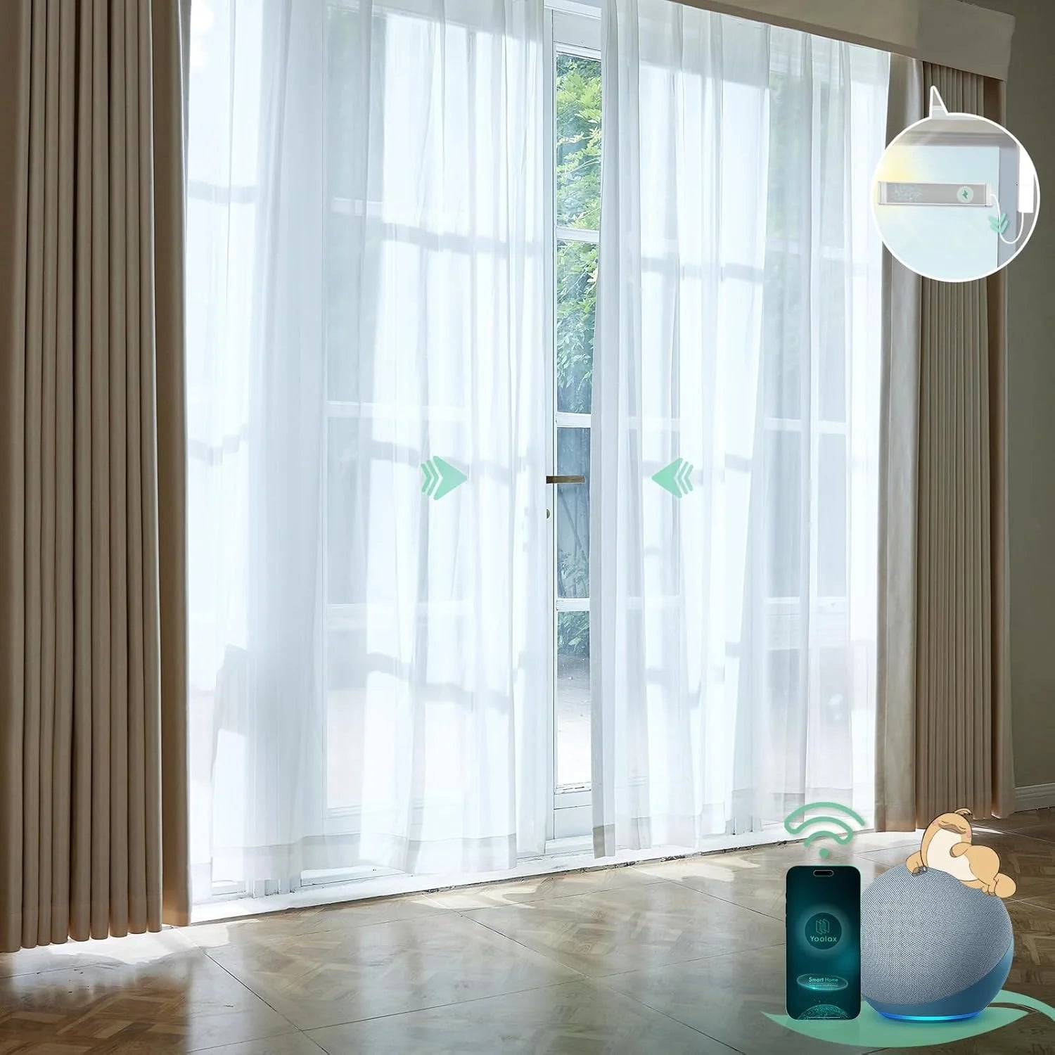 Motorised sheer curtains rechargeable installed above a door, provide privacy and light filtering