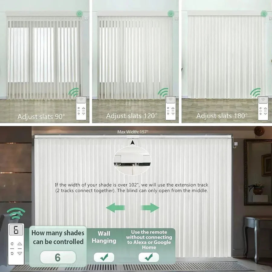 Veri Shades with remote control to adjust slat angles for light control, including remote specifications