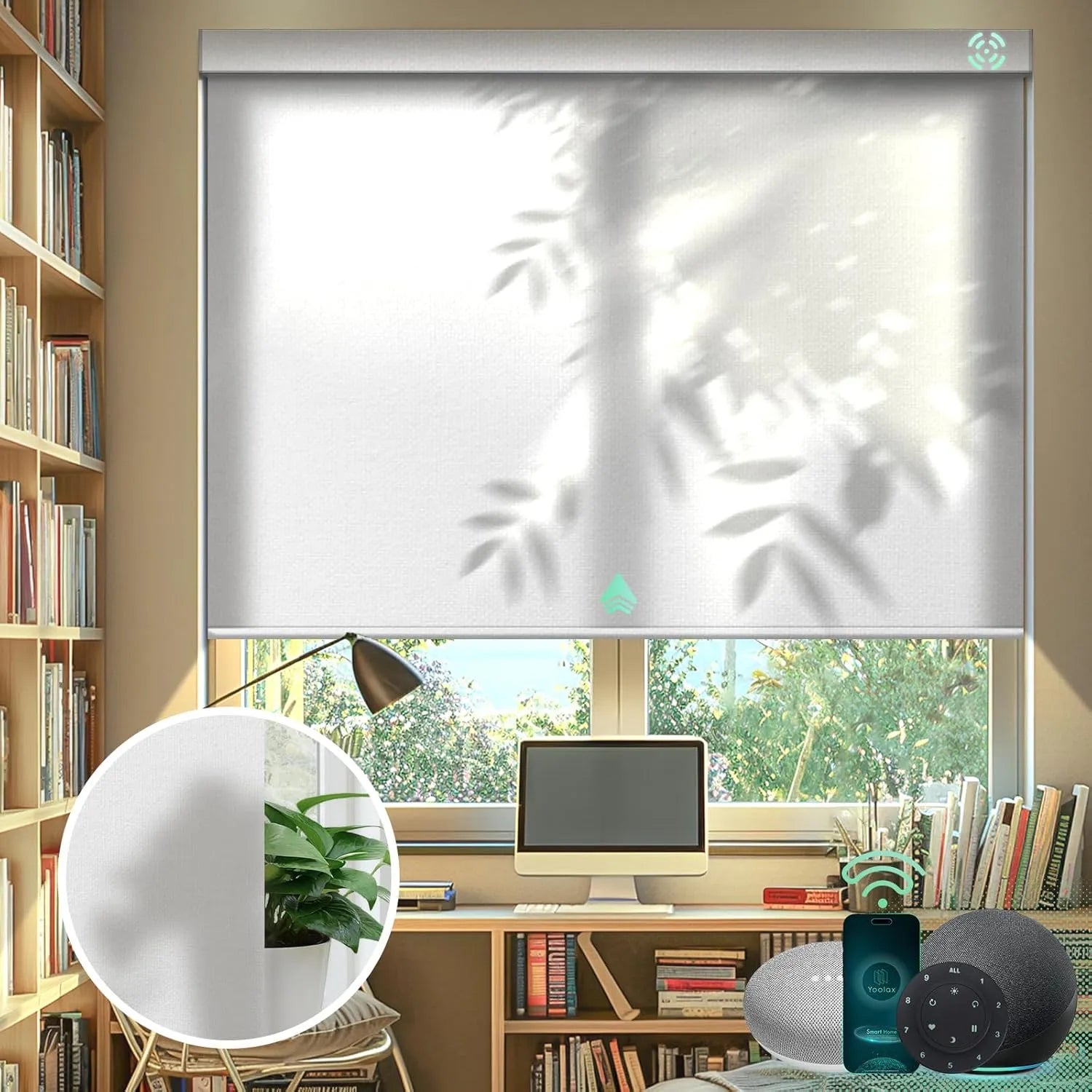 Pure white motorised light filter roller blinds in the dining room, offering light filtering.