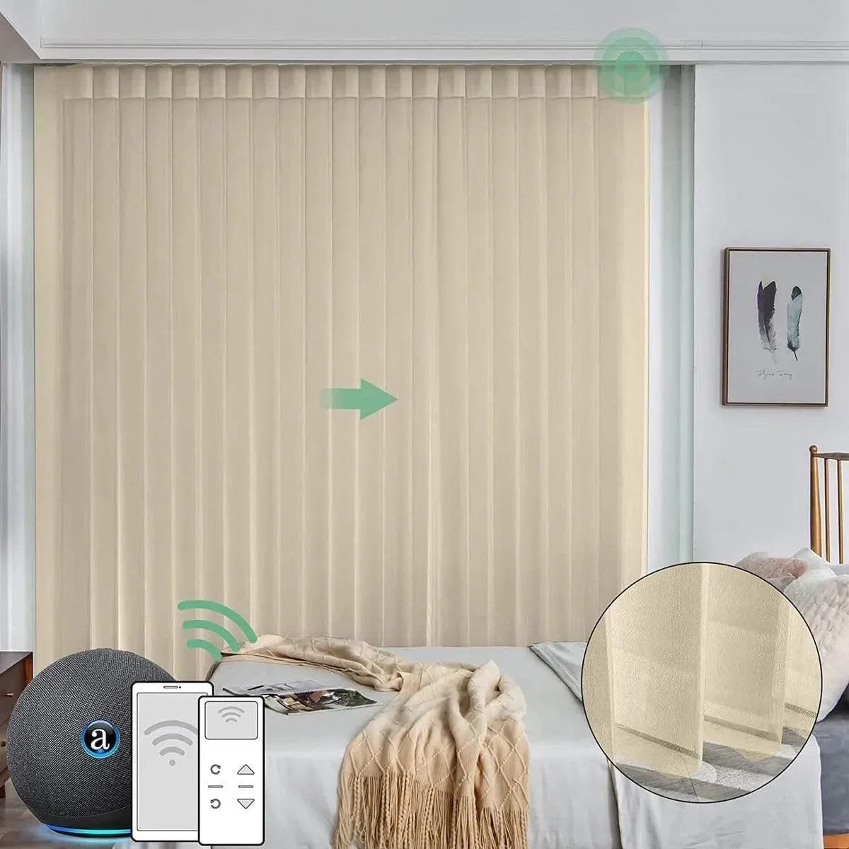 S-beige motorised veri shades are installed in the bedroom, providing privacy and light control.