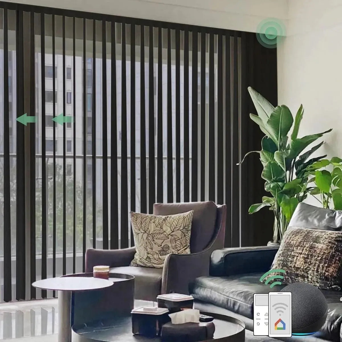 S-dark grey motorised veri shades are installed in the living room, providing privacy and light control.