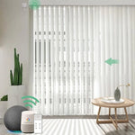 S-white motorised veri shades are installed in the living room, providing privacy and light control.