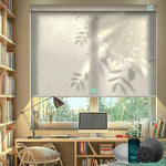 V jungle linen color motorised light filter roller blinds in the dining room, offering light filtering.