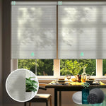 V shimmer horizontal beige motorised light filter roller blinds in the dining room, offering light filtering.