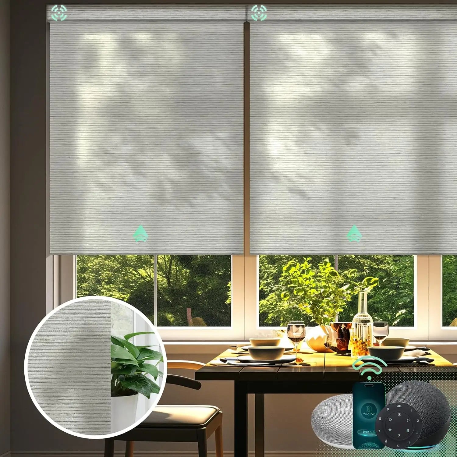 V shimmer horizontal beige motorised light filter roller blinds in the dining room, offering light filtering.